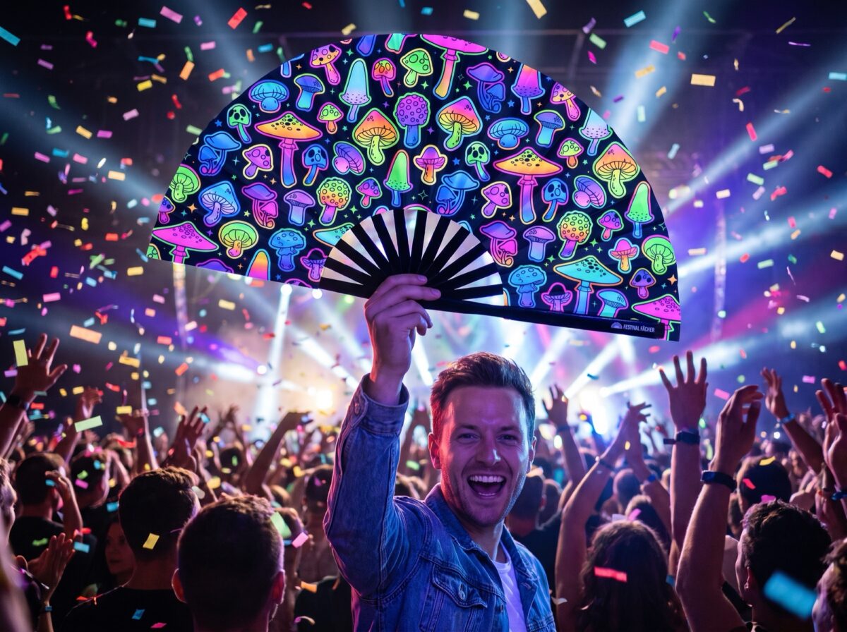 Festival Fan « champignons fluo » à l&rsquo;aérographe, noirs, pour Goa et psytrance, Affichage 4