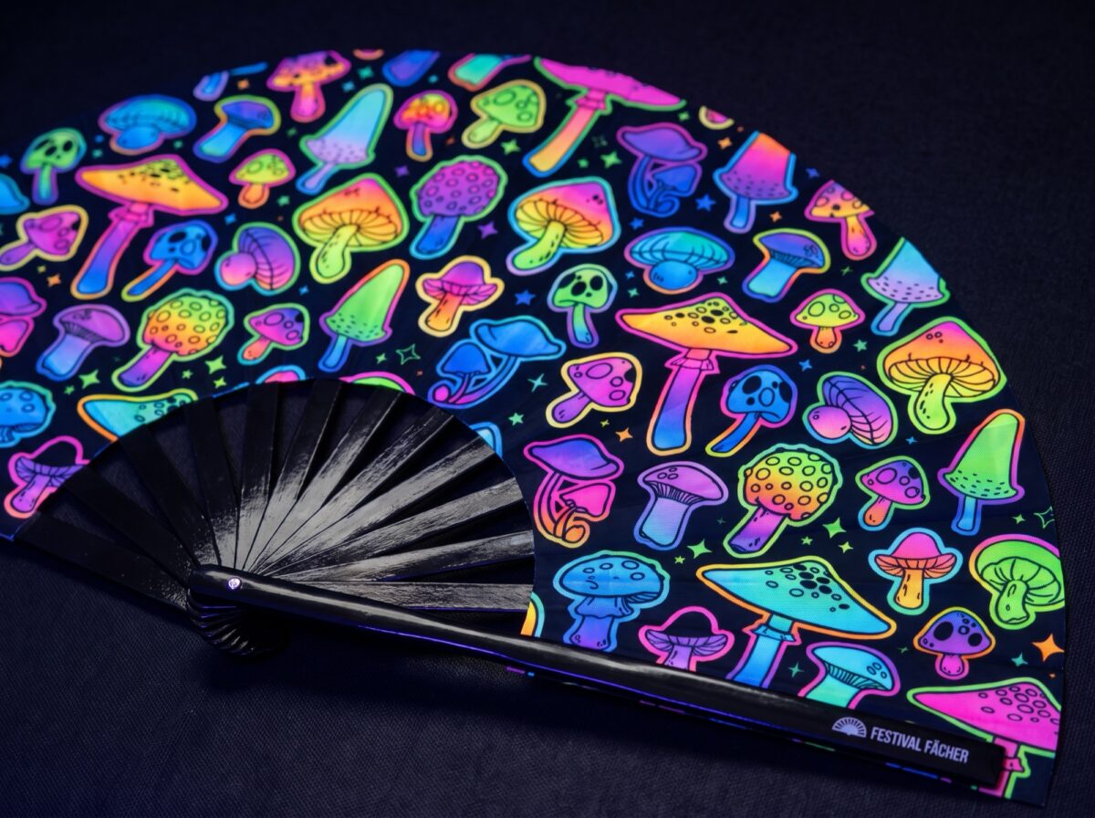 Festival Fan « champignons fluo » à l&rsquo;aérographe, noirs, pour Goa et psytrance, Affichage 5