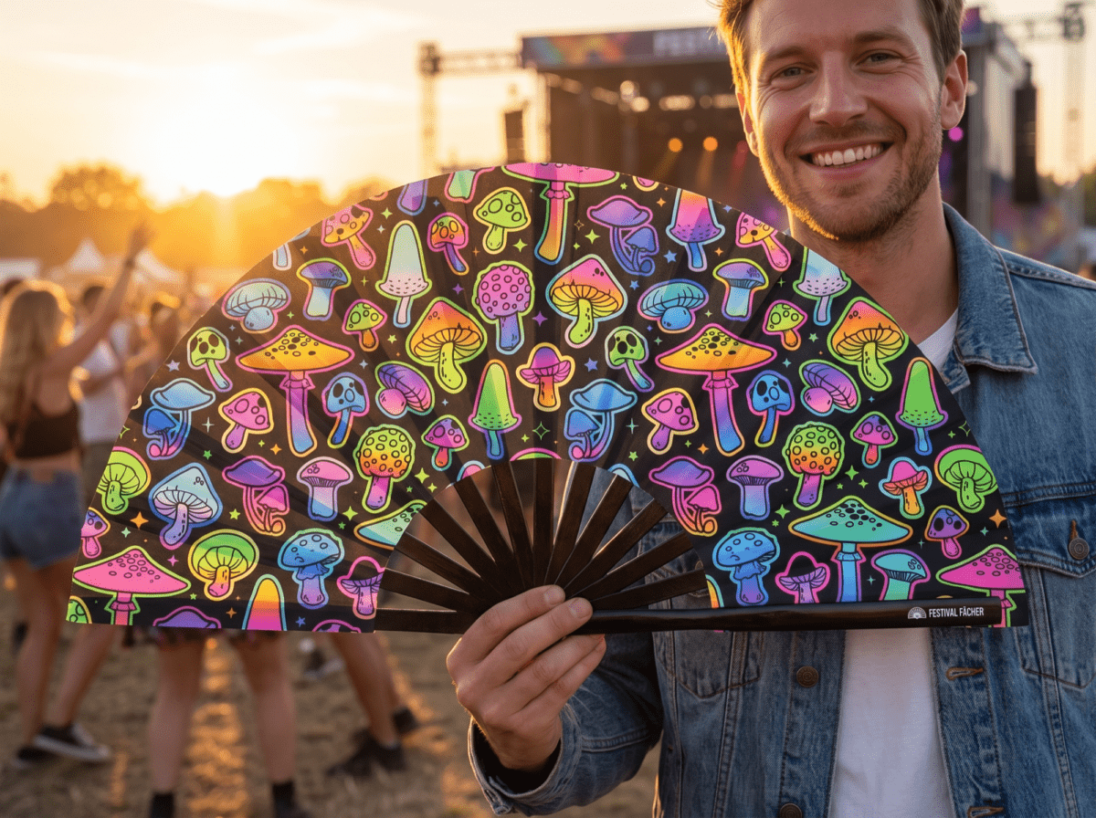 Festival Fan « champignons fluo » à l&rsquo;aérographe, noirs, pour Goa et psytrance, Affichage 3