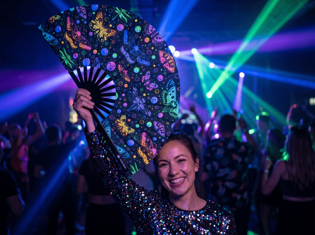Festival Fan « Papillons fluo » noirs pour les Raves et la lumière noire, Affichage 2
