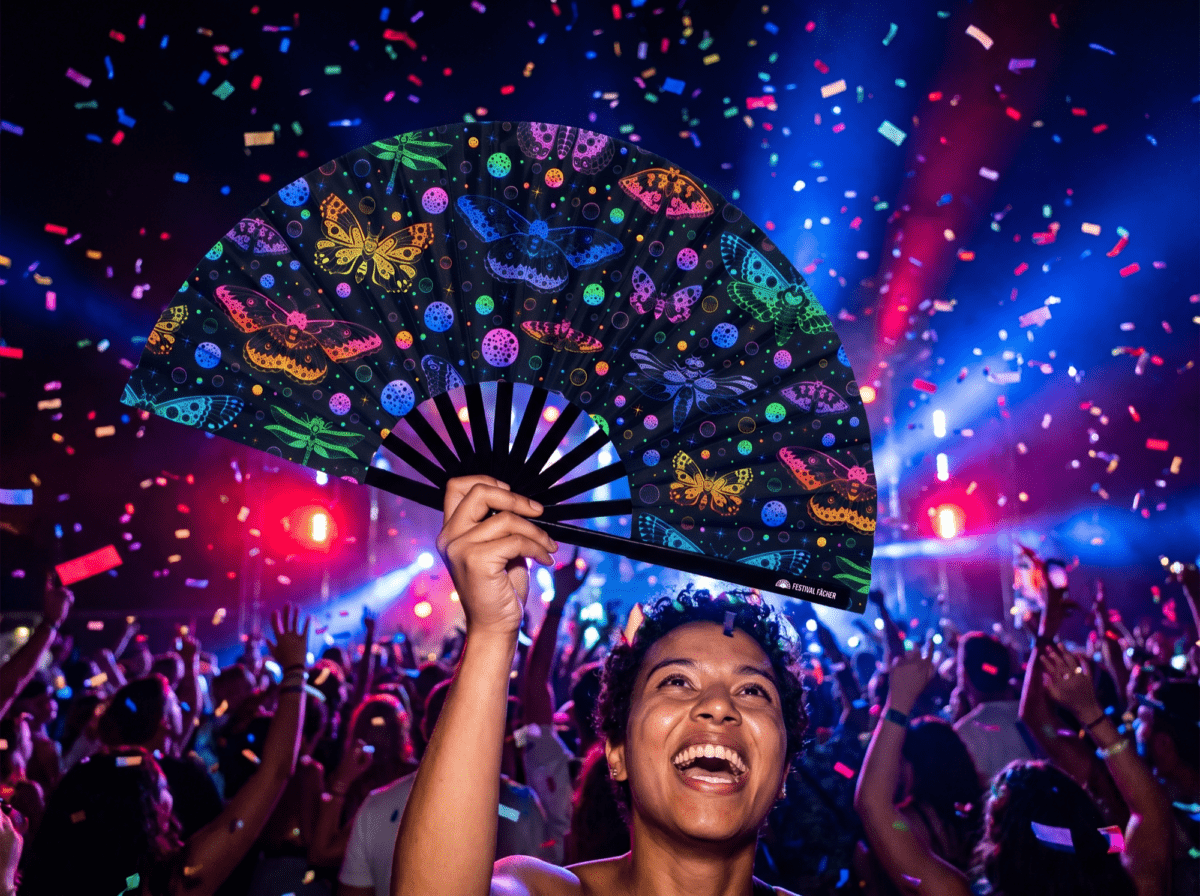 Festival Fan « Papillons fluo » noirs pour les Raves et la lumière noire, Affichage 4
