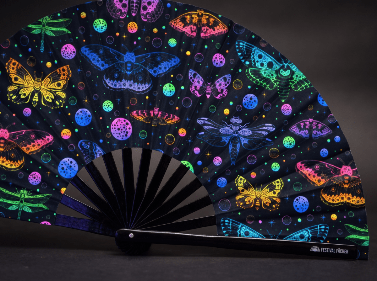 Festival Fan « Papillons fluo » noirs pour les Raves et la lumière noire, Affichage 5