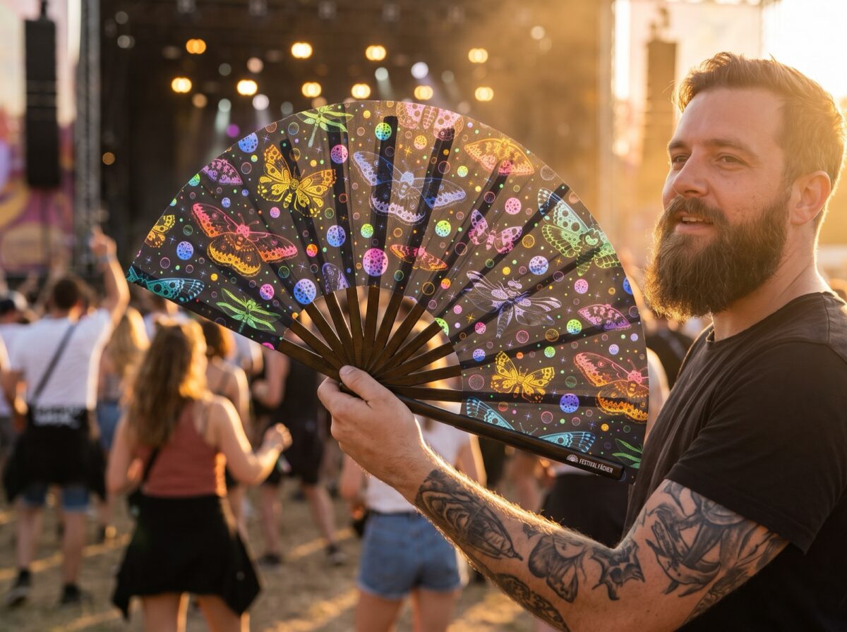 Festival Fan « Papillons fluo » noirs pour les Raves et la lumière noire, Affichage 3