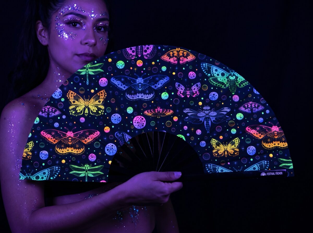 Festival Fan « Papillons fluo » noirs pour les Raves et la lumière noire Rave (UV)