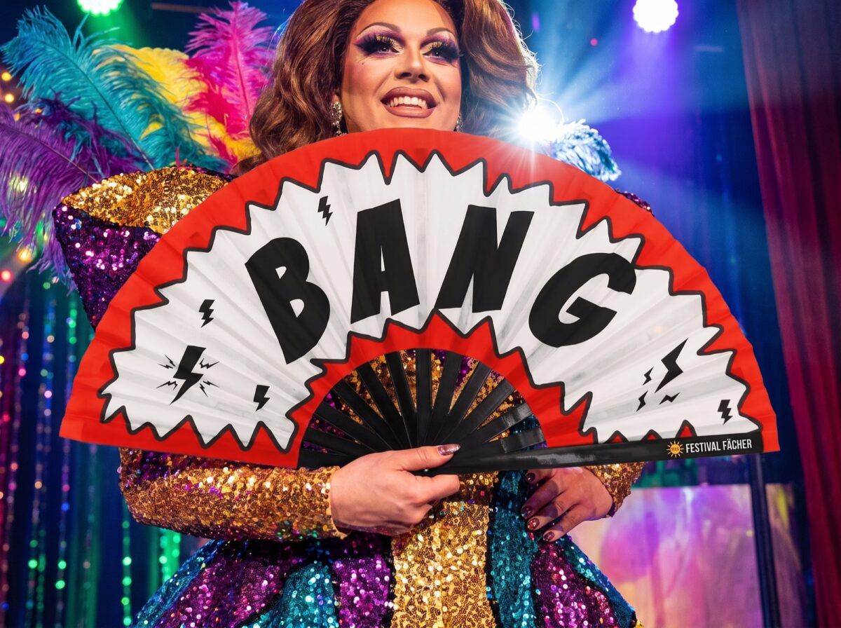 Festival Fan « BANG » sur le thème de la comic, rouge et blanc, accessoire pour les raves et les soirées, Affichage 5