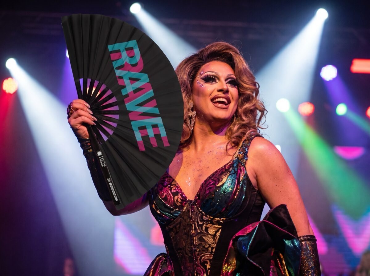 Festival Fan « RAVE » noir, bleu sarcelle et rose, accessoire Techno & Rave, Affichage 5