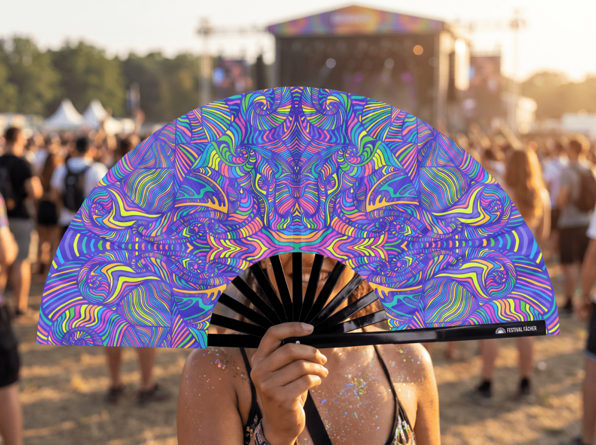 Festival Fan « Mandala psychédélique violet » pour la psytrance et les Raves, Affichage 3