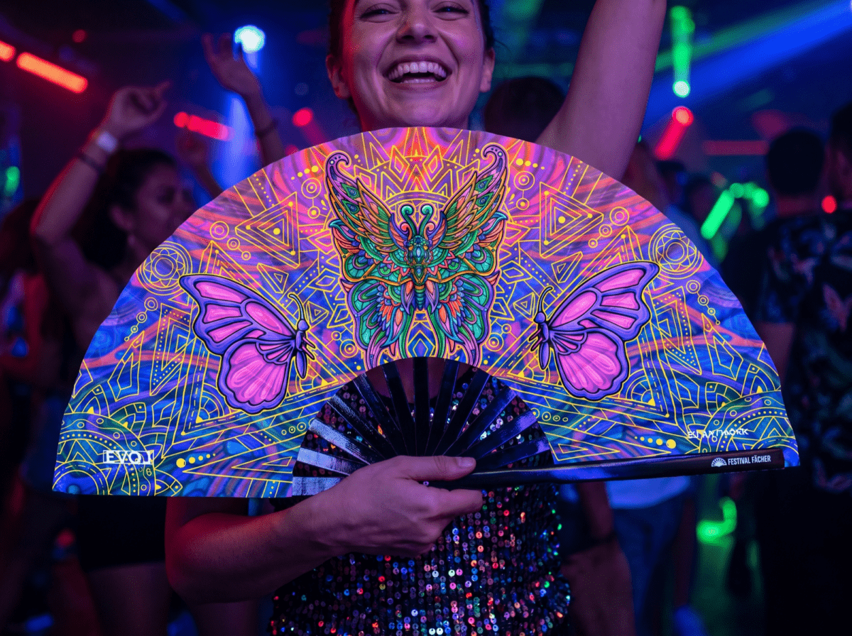 Festival Fan « Mandala papillon » violet pour la psytrance et les festivals, Affichage 2