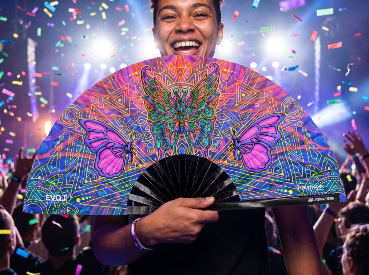 Festival Fan « Mandala papillon » violet pour la psytrance et les festivals, Affichage 4