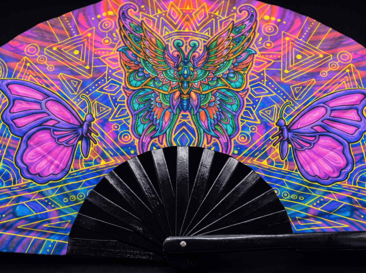 Festival Fan « Mandala papillon » violet pour la psytrance et les festivals, Affichage 5