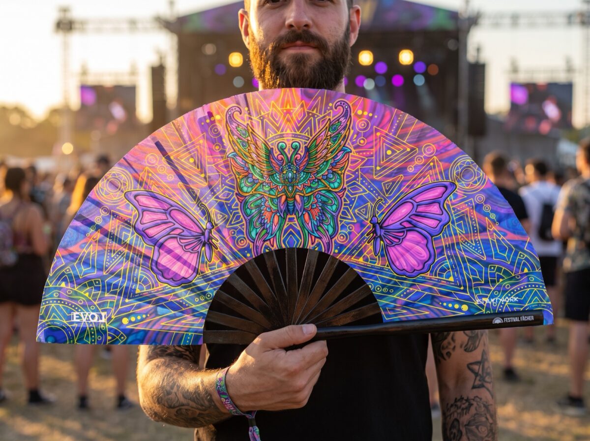 Festival Fan « Mandala papillon » violet pour la psytrance et les festivals, Affichage 3