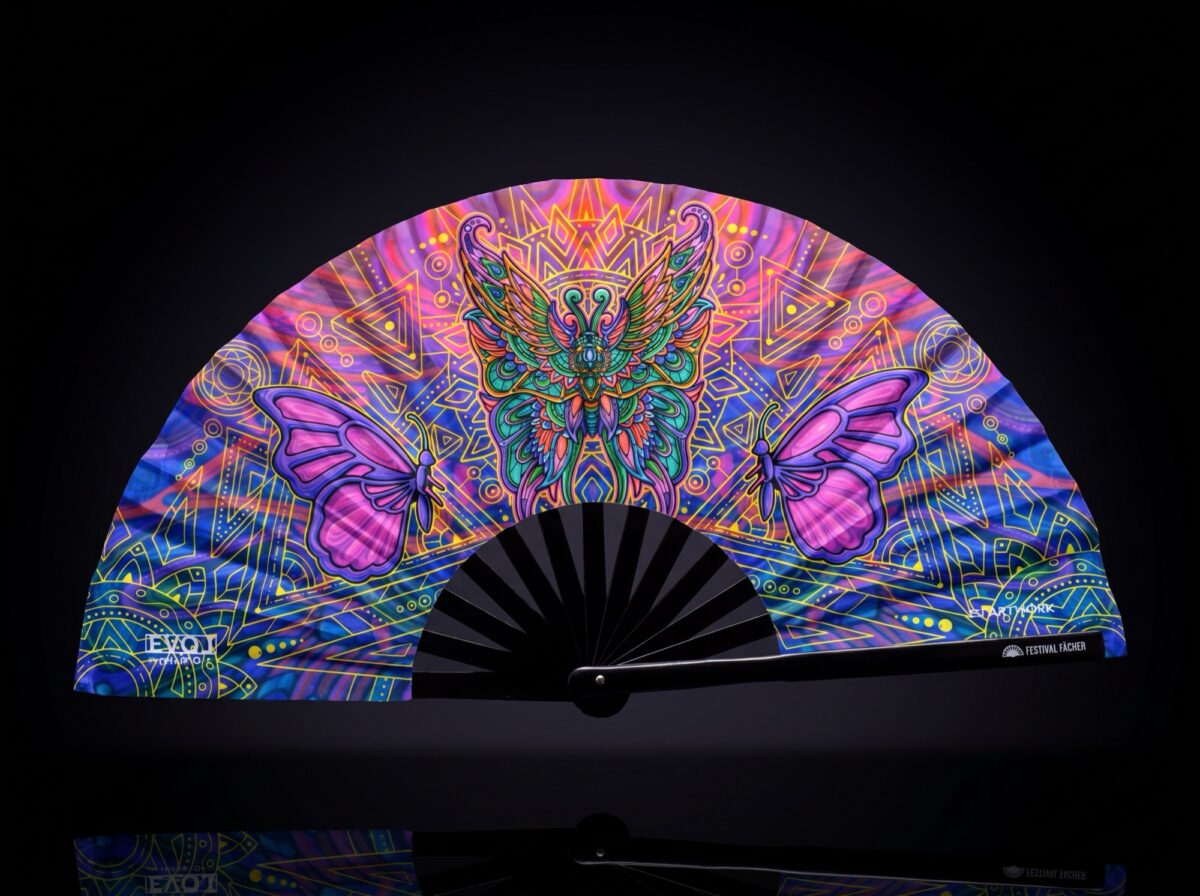 Festival Fan « Mandala papillon » violet pour la psytrance et les festivals