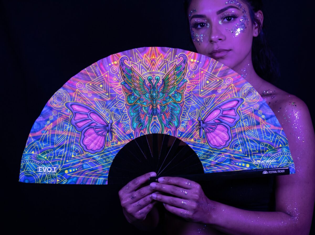 Festival Fan « Mandala papillon » violet pour la psytrance et les festivals Rave (UV)