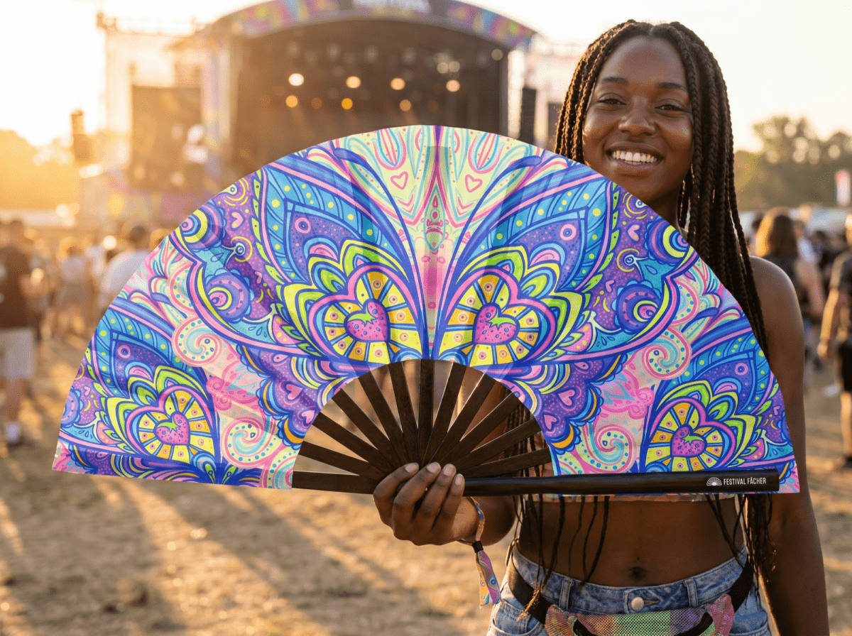 Festival Fan « Mandala papillon turquoise » pour la psytrance et les Raves, Affichage 3