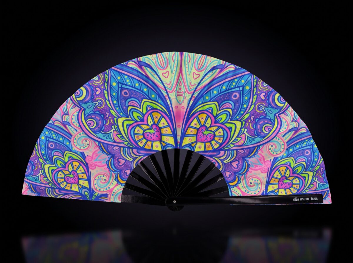 Festival Fan « Mandala papillon turquoise » pour la psytrance et les Raves