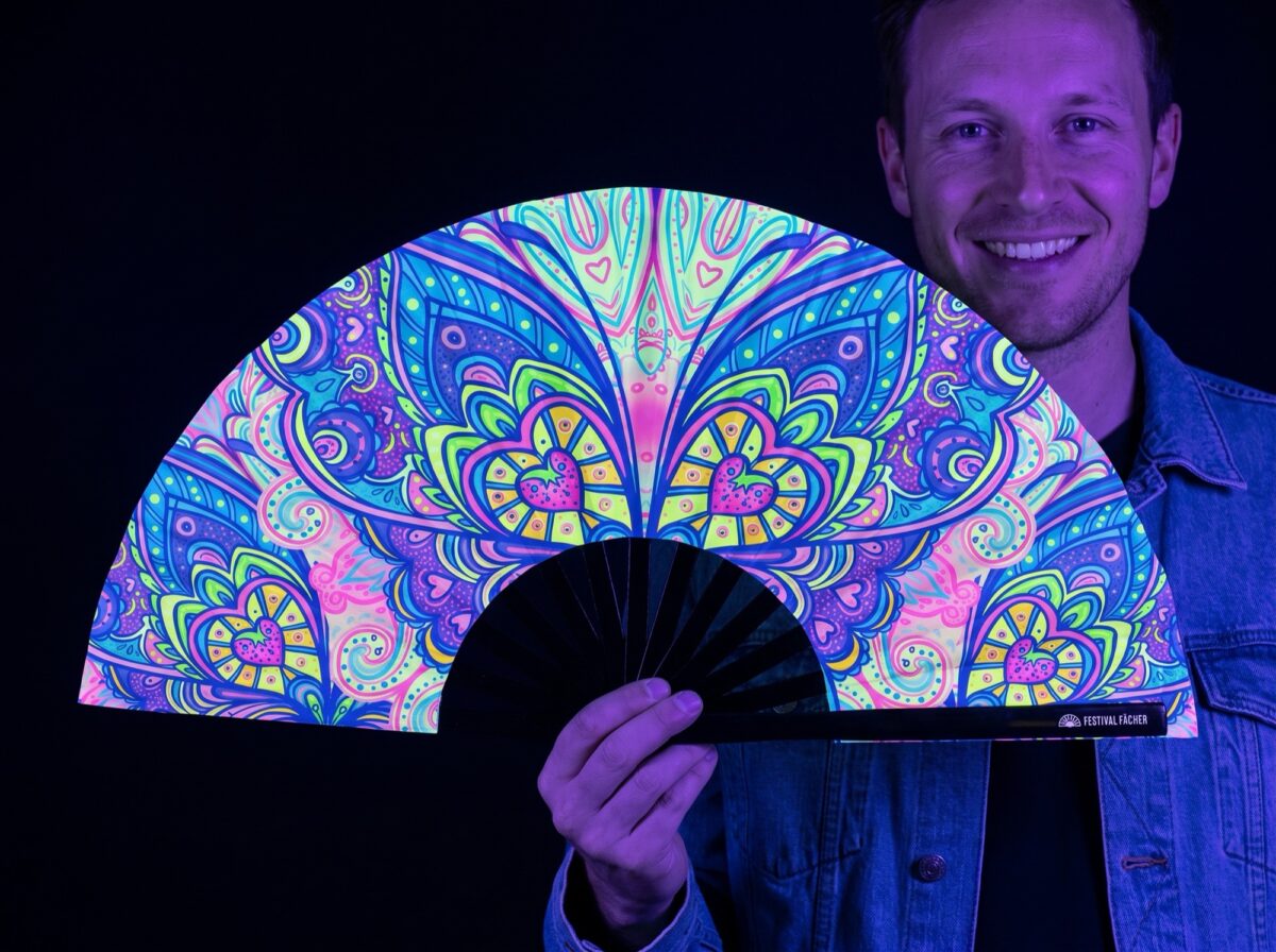 Festival Fan « Mandala papillon turquoise » pour la psytrance et les Raves Rave (UV)