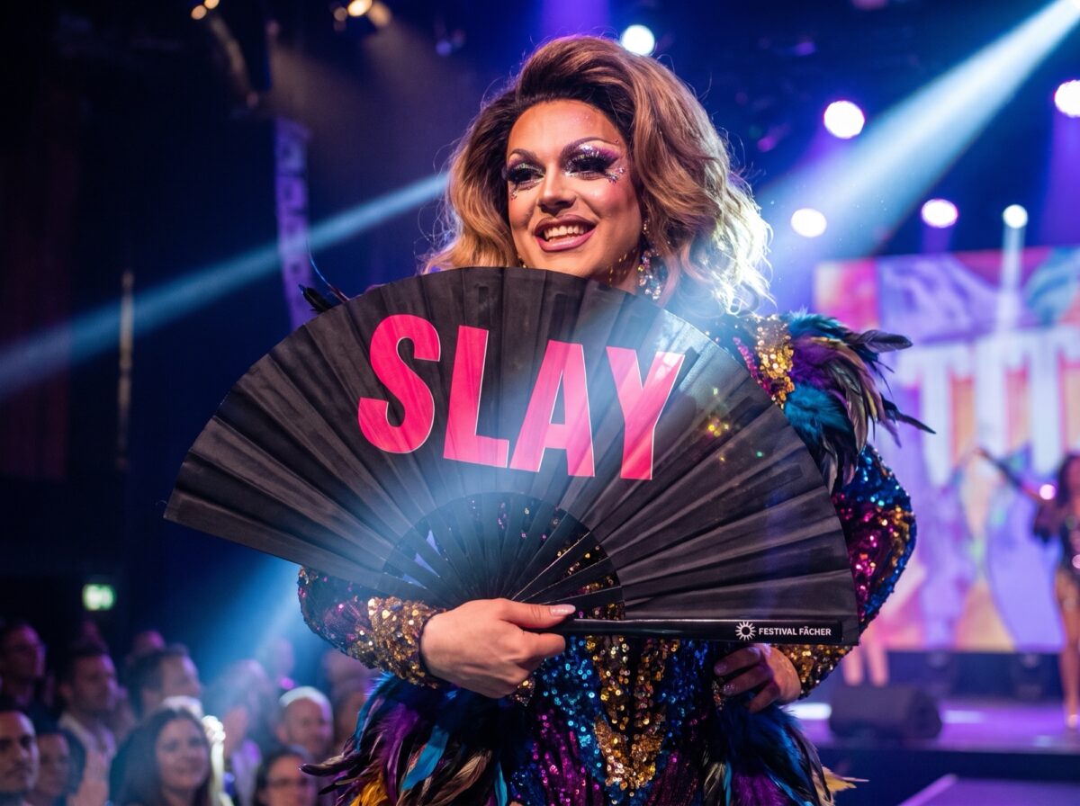 Festival Fan « SLAY » noir/rose, accessoire pour la Pride et les raves, Affichage 5