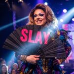 Festival Fan « SLAY » noir/rose, accessoire pour la Pride et les raves, Affichage 5