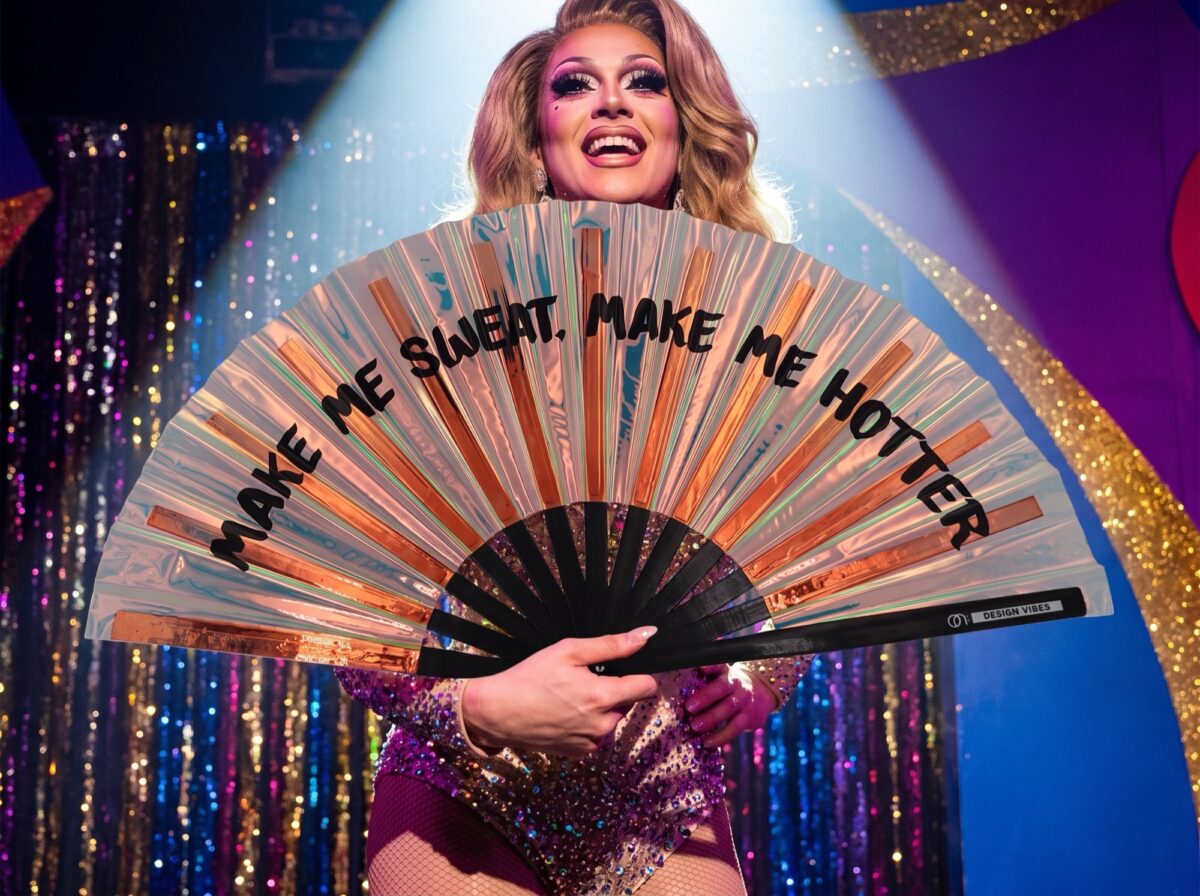 Festival Fan « MAKE ME SWEAT » holographique or rose, Rave, Affichage 5